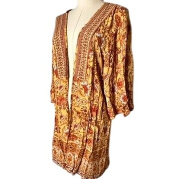 Burnt Orange Floral Open Boho Floral Kimono Duster Womens XS/S 70s Retro Autumn - Picture 3 of 8
